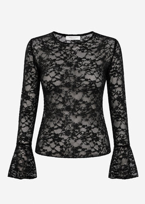 Langarmshirt aus Spitze mit Volantärmel - schwarz