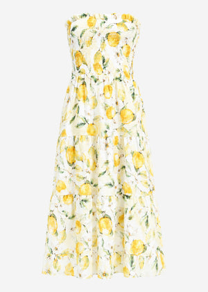 Gesmoktes Bandeau Kleid mit Lemon-Print - gelb