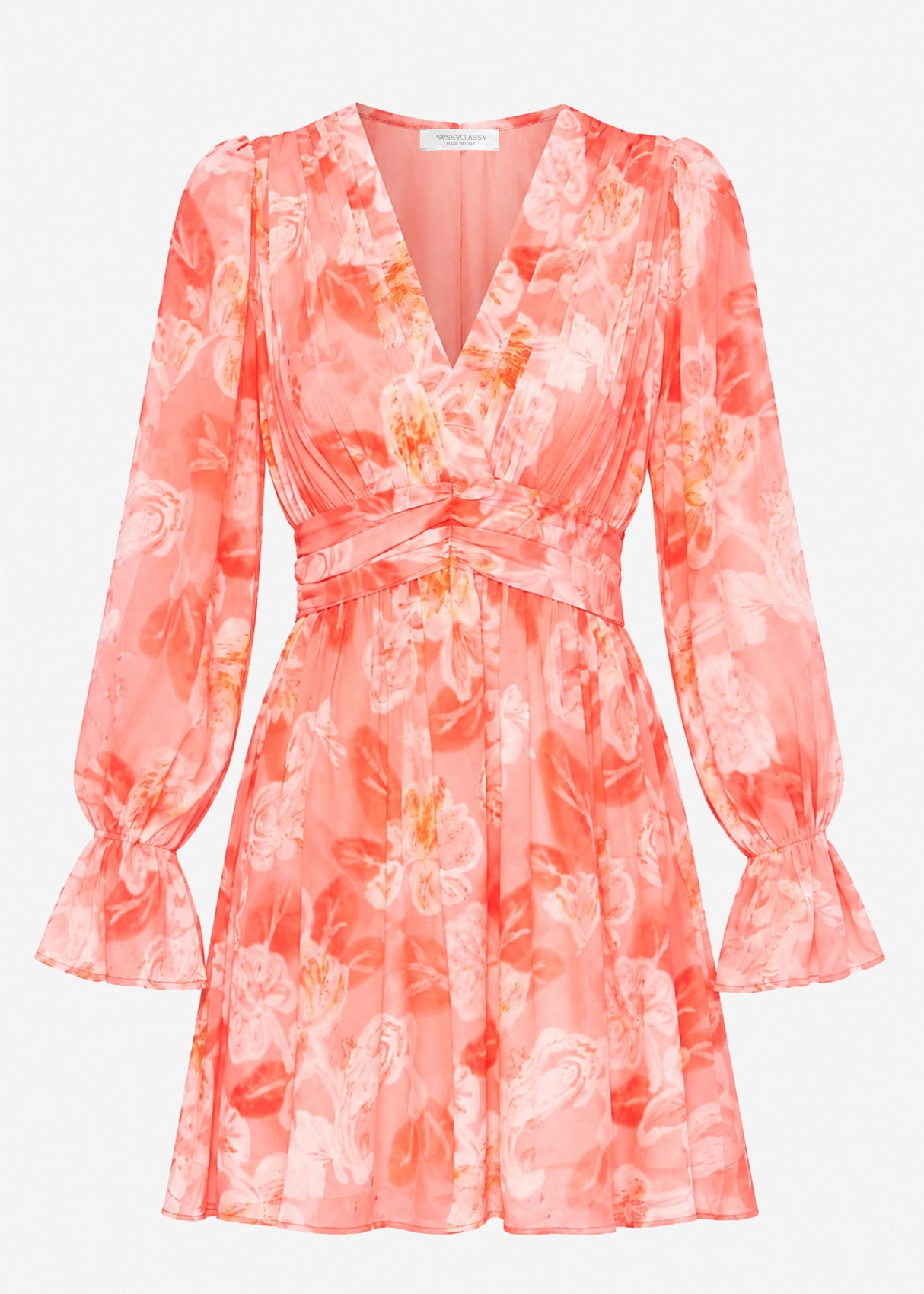 Langarm-Chiffonkleid mit Blumenprint - koralle