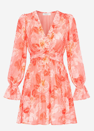 Langarm-Chiffonkleid mit Blumenprint - koralle