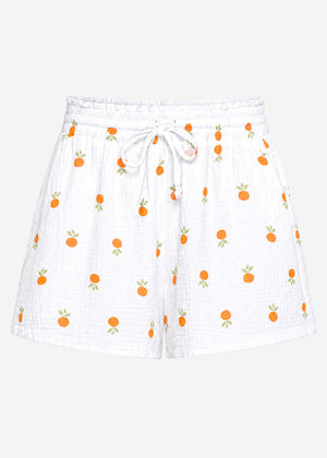 Weite Musselin Shorts mit Orangen-Print - weiß