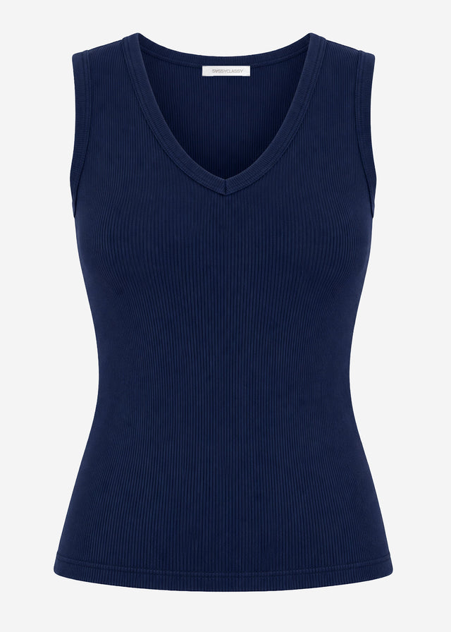 Ribbed top with V-neck - dark blue