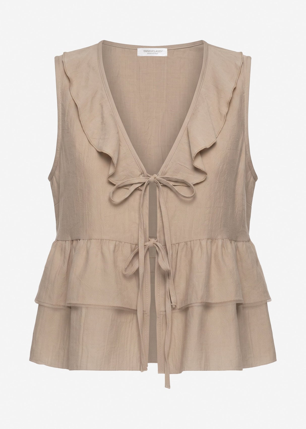 Ärmellose Volant Bluse mit Bindebänder - taupe