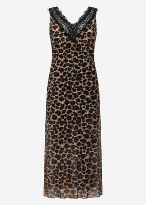 Langes Mesh-Kleid mit Leo-Print - braun