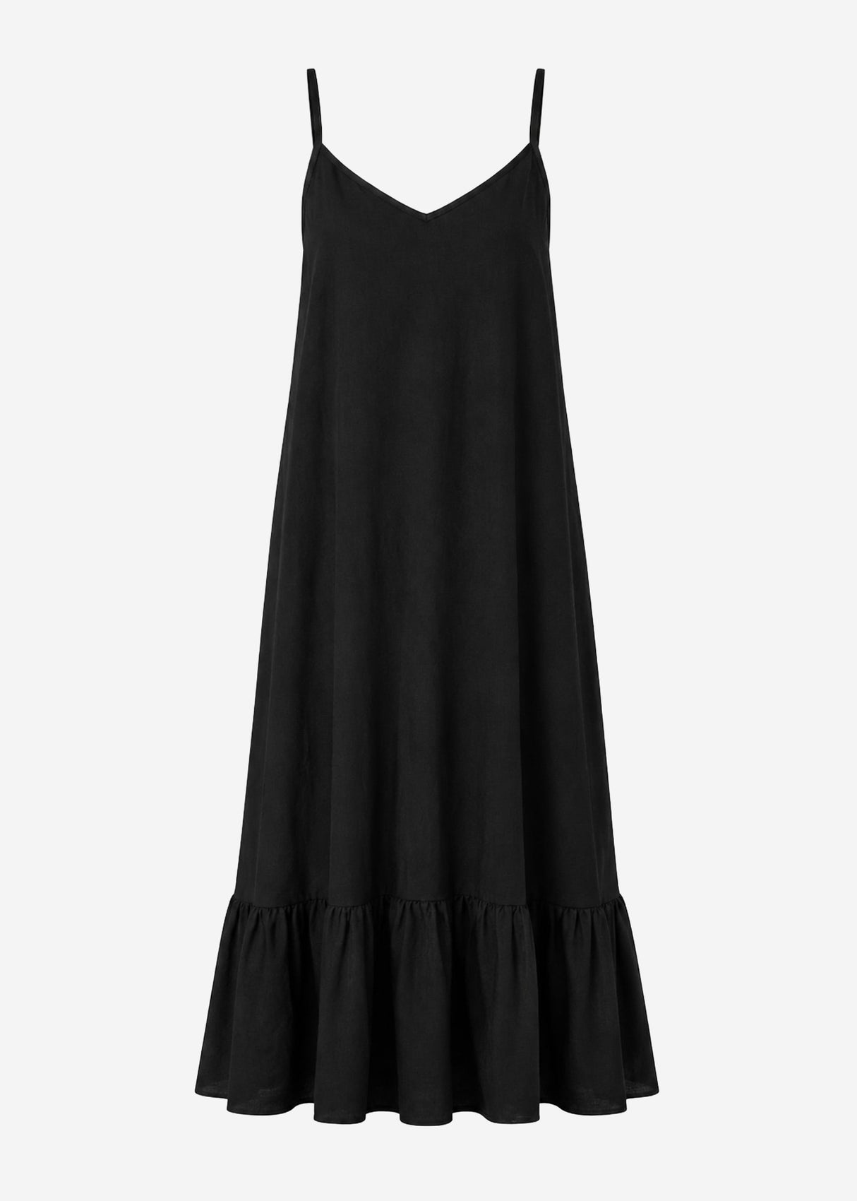 Langes Kleid mit Trägern und Volant - schwarz