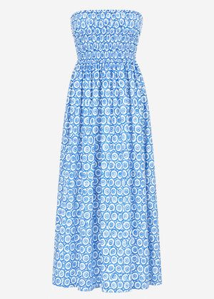 Gesmoktes Bandeau-Kleid mit floralem Mandala-Print - blau