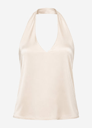 Satin Neckholder Top mit V-Ausschnitt - beige