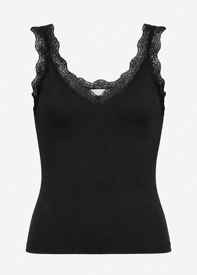 Jersey Top mit Spitze und V-Ausschnitt - schwarz