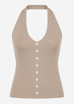 Neckholder-Top mit Zierknöpfe - taupe