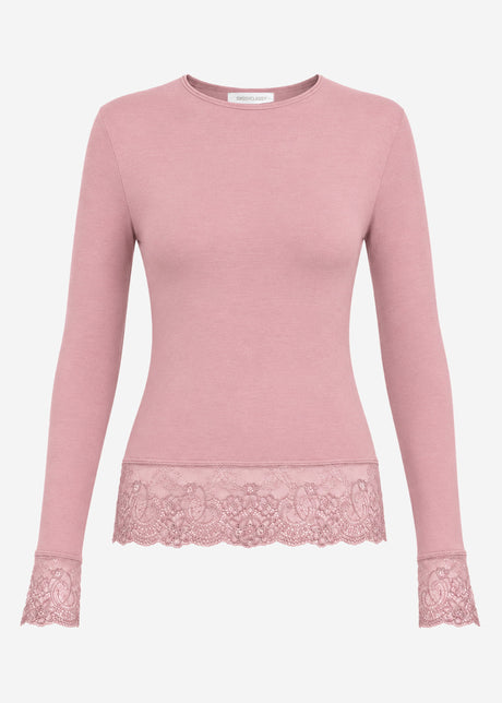 Langarmshirt mit Spitze und Kaschmiranteil - altrosa