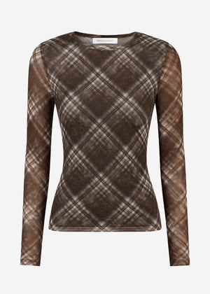 Mesh Langarmshirt mit Karo-Muster - braun