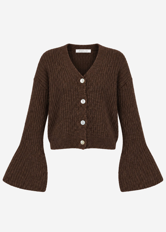 Strickjacke mit Trompetenärmeln - braun