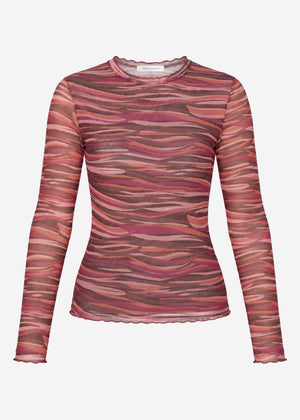 Mesh Langarmshirt mit abstrakten Streifen - beere