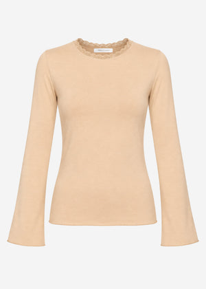 Langarmshirt mit Spitzeneinsatz  - beige