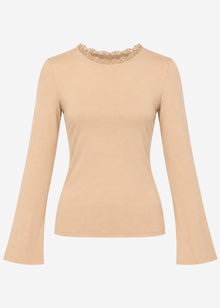 Langarmshirt mit Spitzeneinsatz  - beige