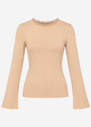 Langarmshirt mit Spitzeneinsatz  - beige