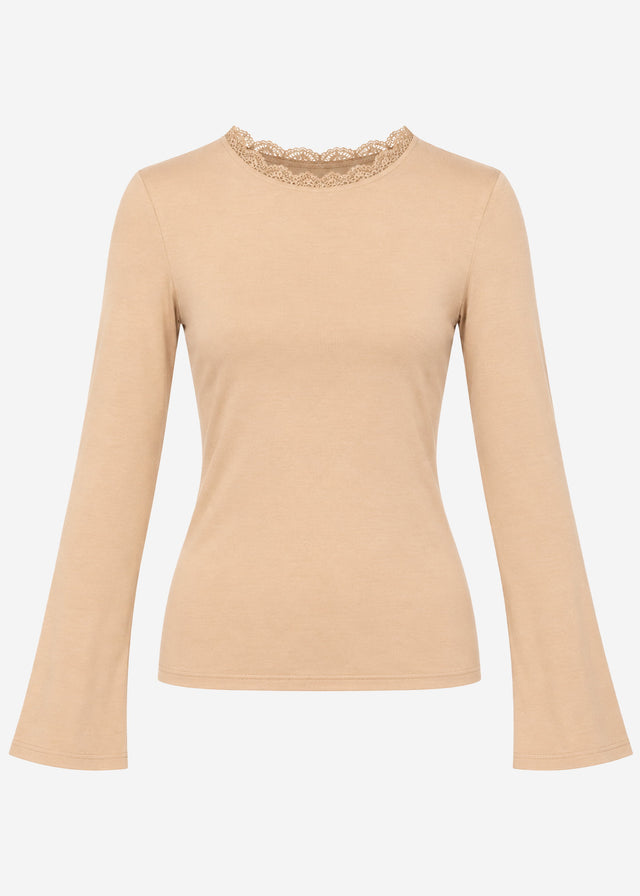 Langarmshirt mit Spitzeneinsatz  - beige