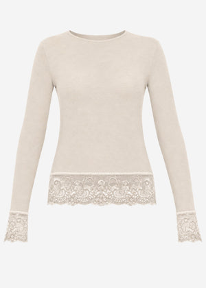 Long-sleeved top with lace trim and cashmere content - beige