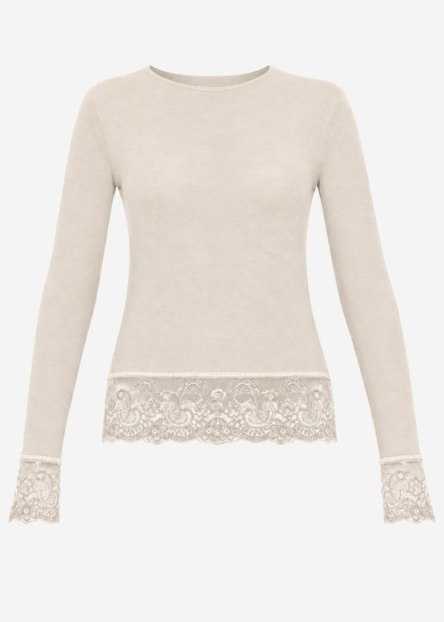 Long-sleeved top with lace trim and cashmere blend - beige