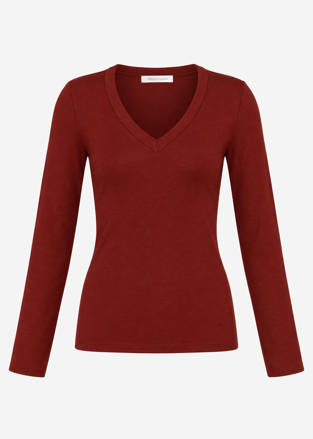 Long-sleeved top with V-neck - burgundy