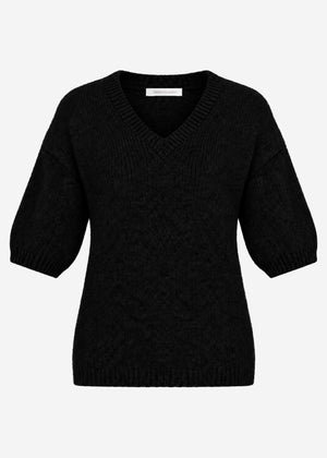 Kurzarm-Strickpullover mit V-Ausschnitt - schwarz