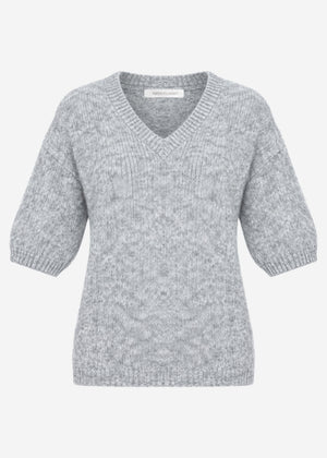 Kurzarm-Strickpullover mit V-Ausschnitt - hellgrau