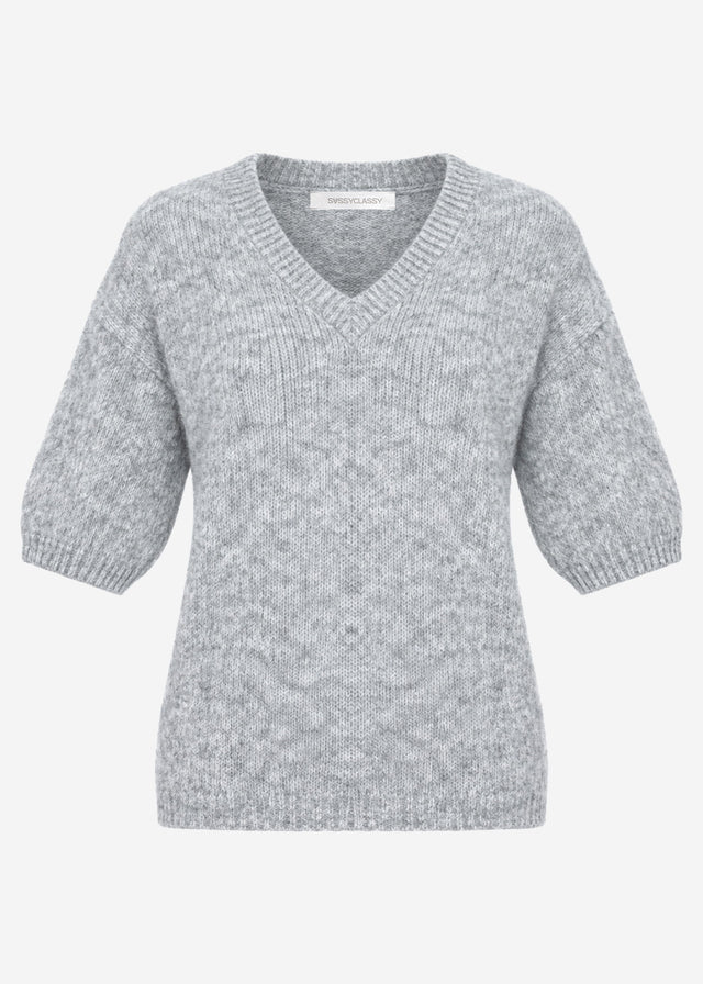 Kurzarm-Strickpullover mit V-Ausschnitt - hellgrau