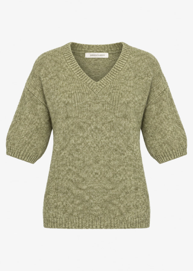 Kurzarm-Strickpullover mit V-Ausschnitt - khaki