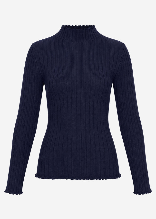 Ribbed knit top with funnel neck - dark blue