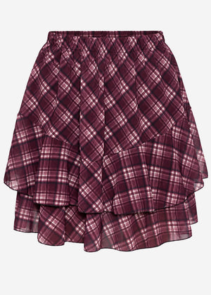 Kurzer Volant Rock mit Karo Muster - plum
