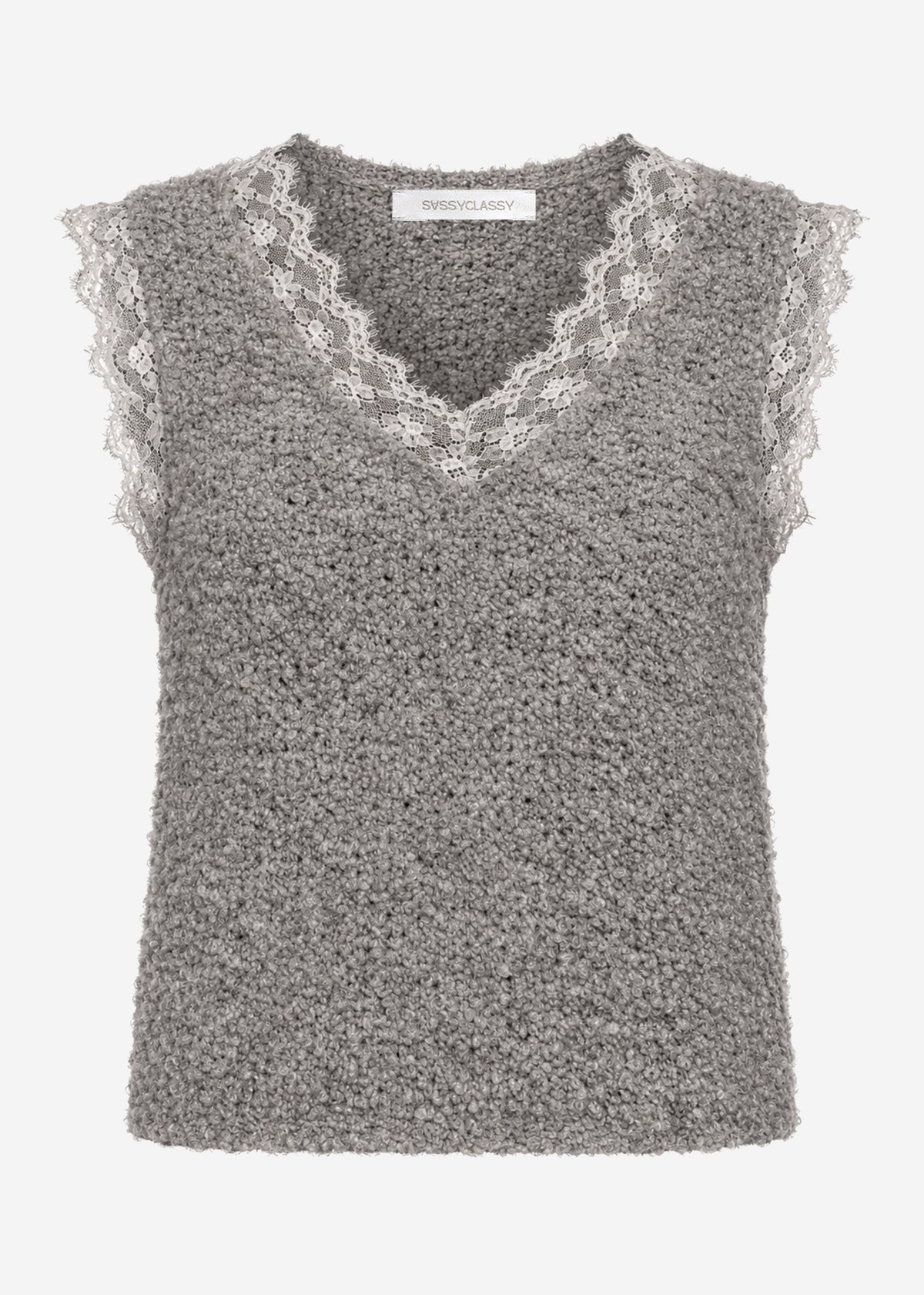 Bouclé Top mit Spitze - taupe