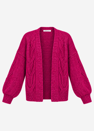 Chunky knit cardigan with cable pattern - berry