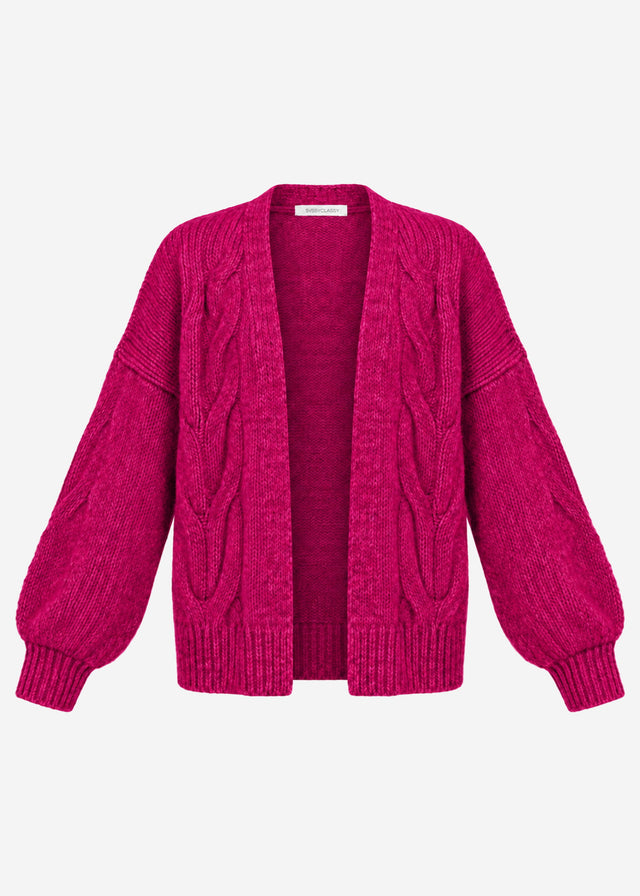 Chunky knit cardigan with cable knit - berry