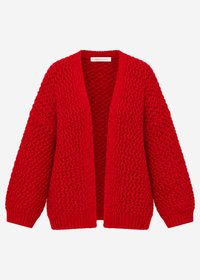 Oversized knit cardigan with textured pattern - red