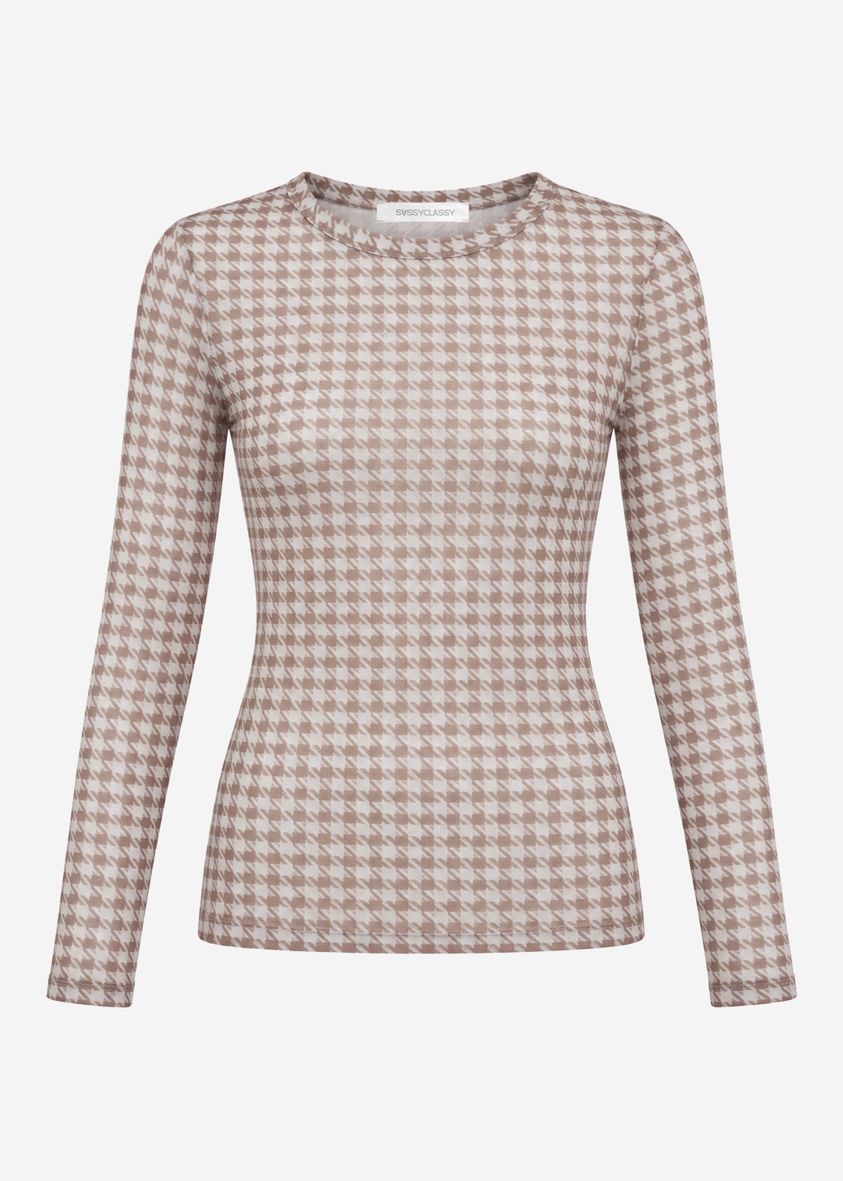 Mesh Langarmshirt mit Hahnentrittmuster - beige