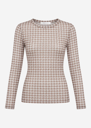 Mesh Langarmshirt mit Hahnentrittmuster - beige