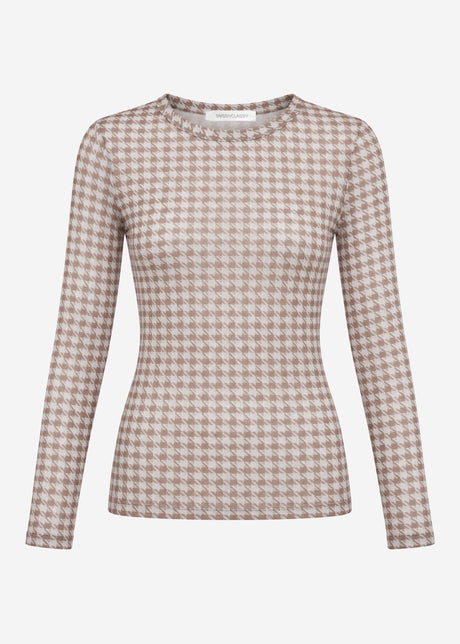 Mesh Langarmshirt mit Hahnentrittmuster - beige