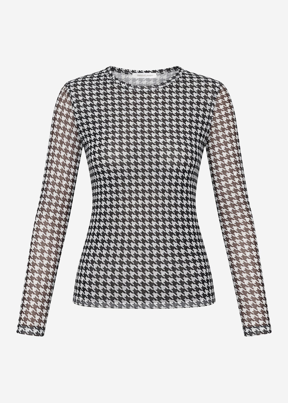 Mesh Langarmshirt mit Hahnentrittmuster - schwarz
