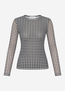 Mesh Langarmshirt mit Hahnentrittmuster - schwarz