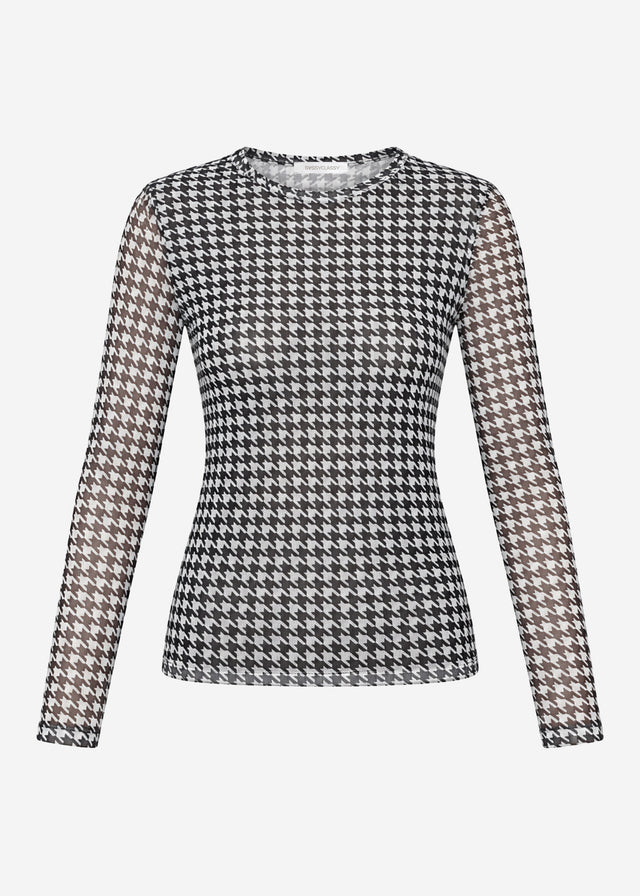 Mesh Langarmshirt mit Hahnentrittmuster - schwarz
