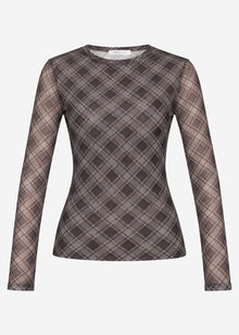 Mesh long-sleeved top with checked pattern - black