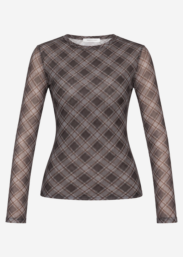Mesh long-sleeved top with checked pattern - black