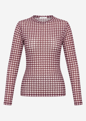 Mesh Langarmshirt mit Hahnentrittmuster - burgundy