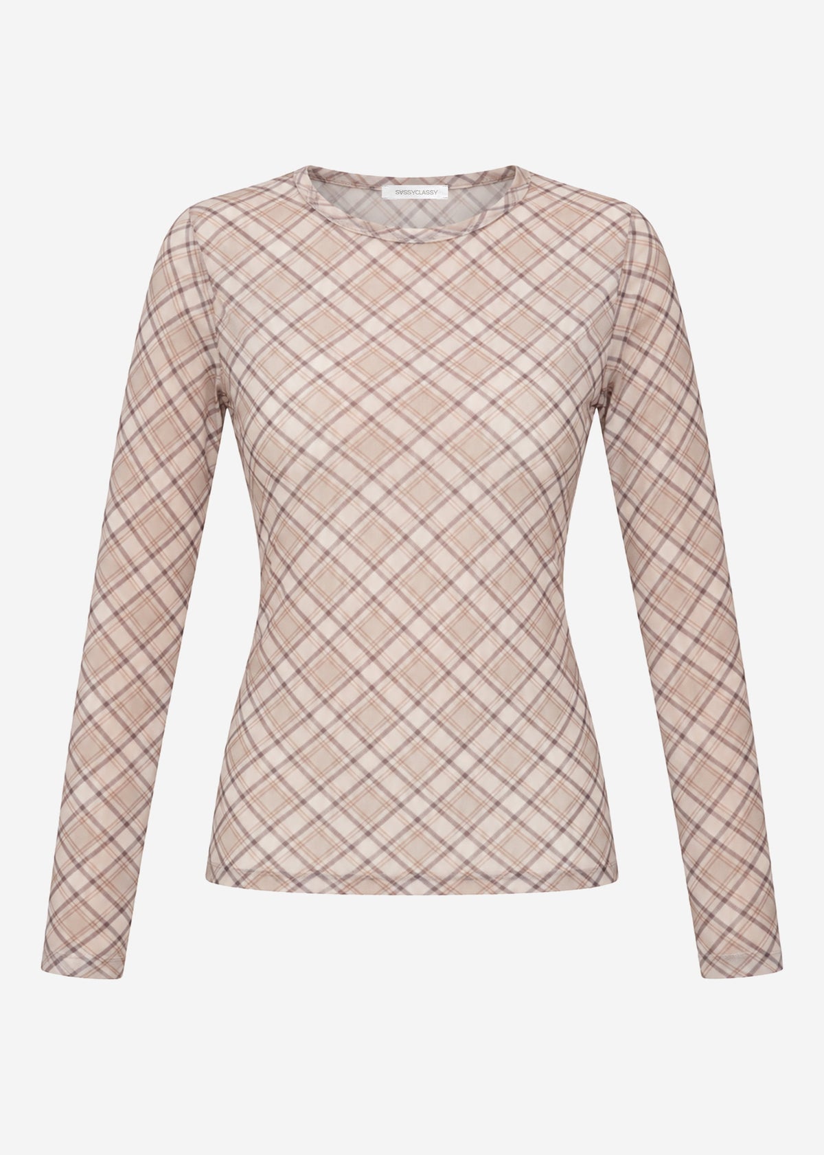 Mesh Langarmshirt mit kariertem Muster - beige