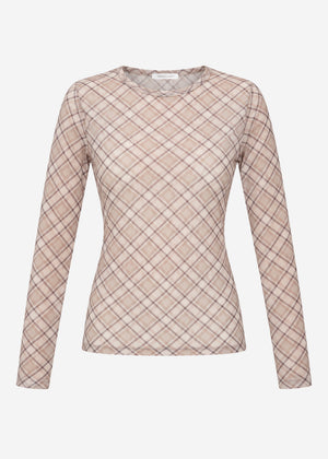 Mesh Langarmshirt mit kariertem Muster - beige