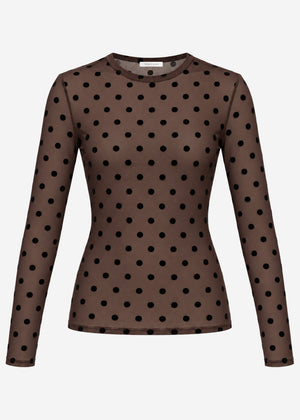 Mesh long-sleeved top with polka dots - brown