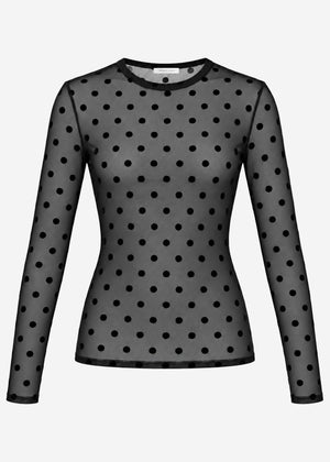 Mesh long-sleeved top with polka dots - black