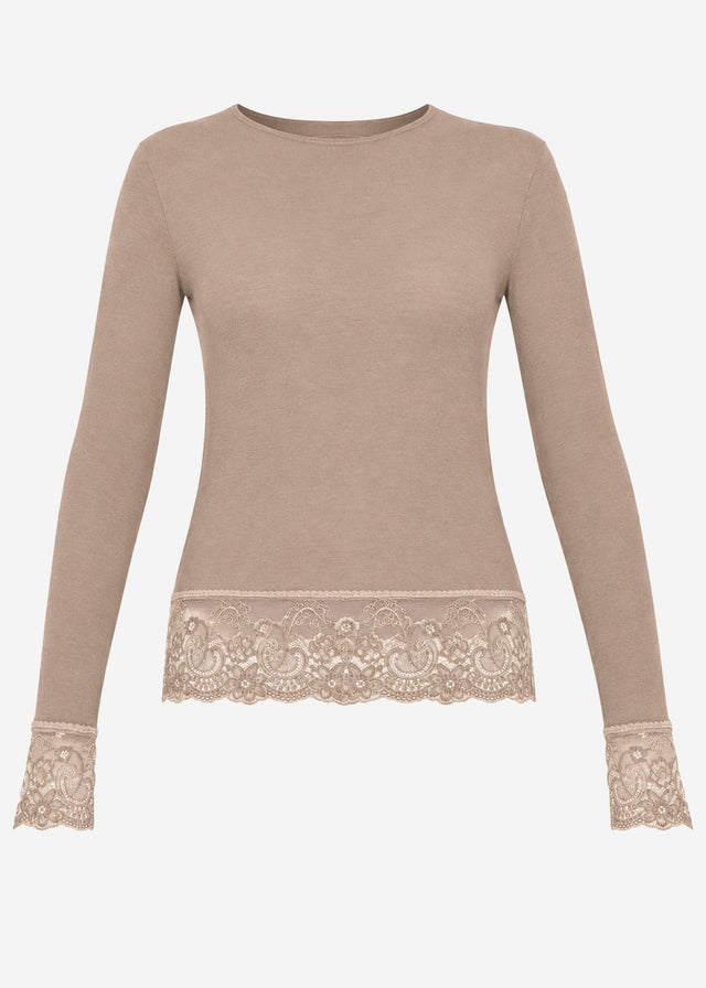 Long-sleeved top with lace trim and cashmere blend - taupe