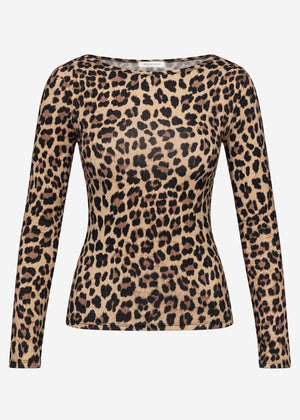 Langarmshirt mit U-Boot Ausschnitt und Leo-Print - braun