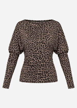 Long-sleeve top with batwing sleeves and leopard pattern - taupe